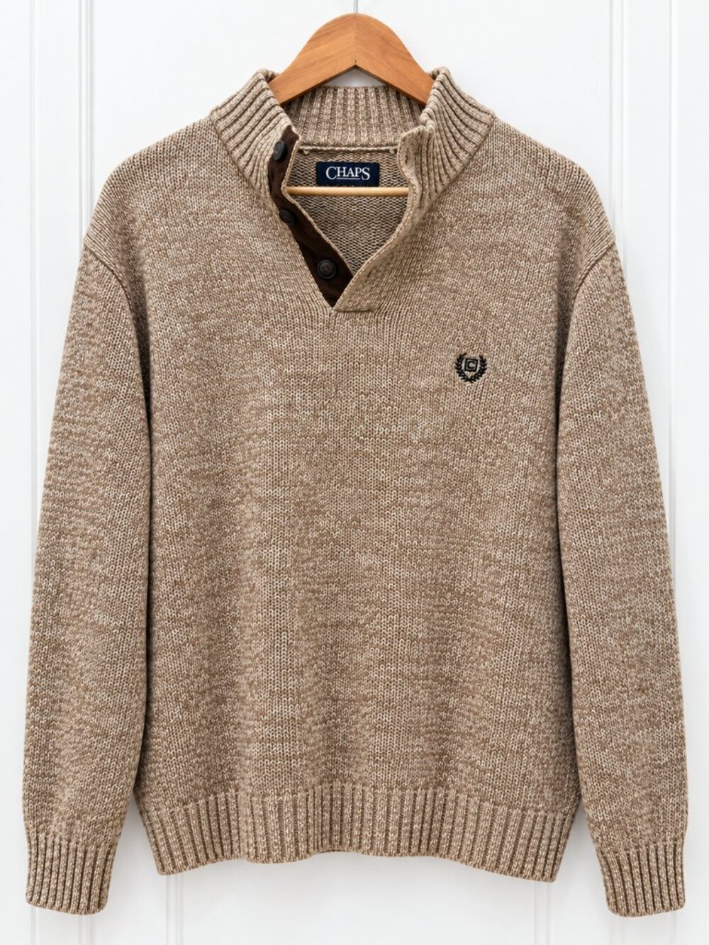 Chaps Men’s XL Cotton Mock Neck Sweater Brown Tan Elbow Patch Pullover